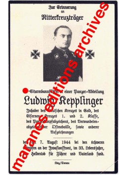Avis de décès Ludwig Kepplinger Kommandeur SS-Panzer-Abteilung 17 "Götz von Berlichingen"
